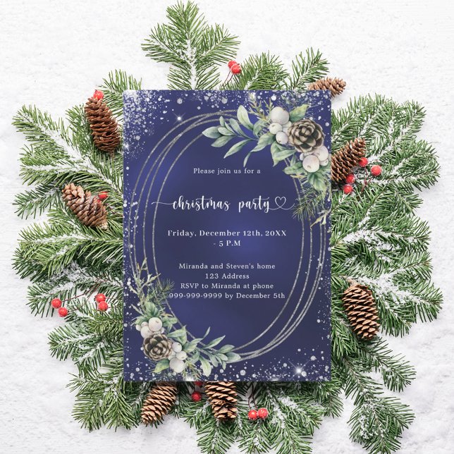 Blue cone pine greenery glitter Christmas Party Invitation (Creator Uploaded)