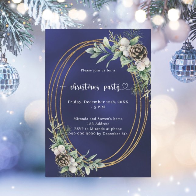 Blue cone pine greenery gold Christmas Party Invitation (Creator Uploaded)