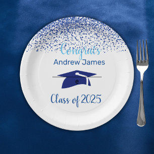 blue confetti 2025 graduation - Congrats Paper Plate