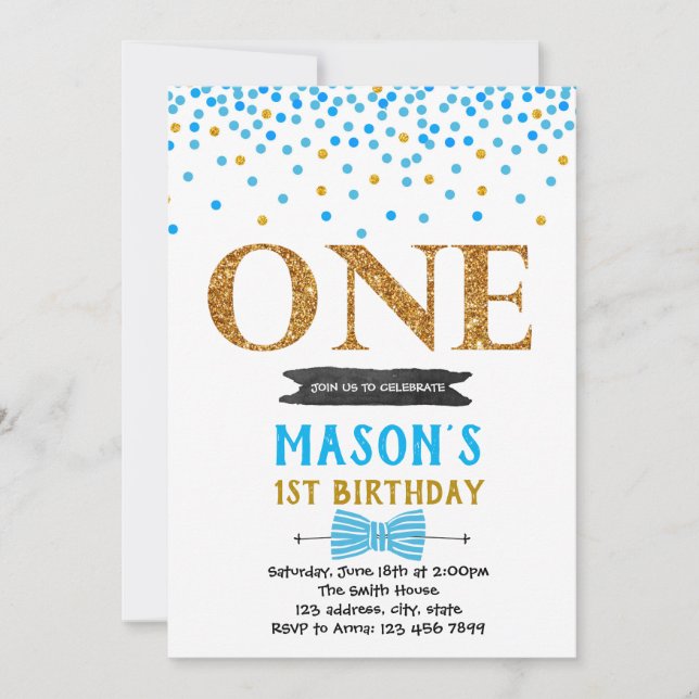 Blue confetti first birthday invitation (Front)