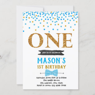 Blue confetti first birthday invitation