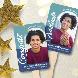 Blue Congrats Grad 2 Photos Arch Bold Script Retro Hand Fan
