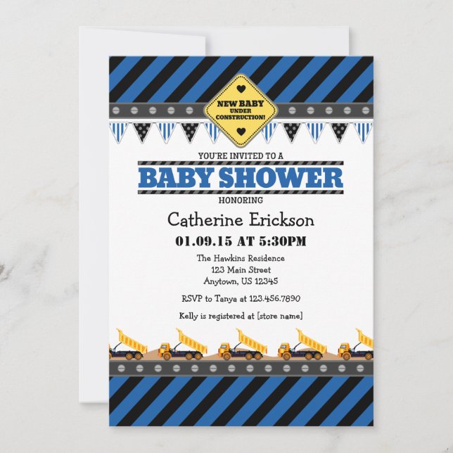 Blue Construction Baby Shower Invitation (Front)