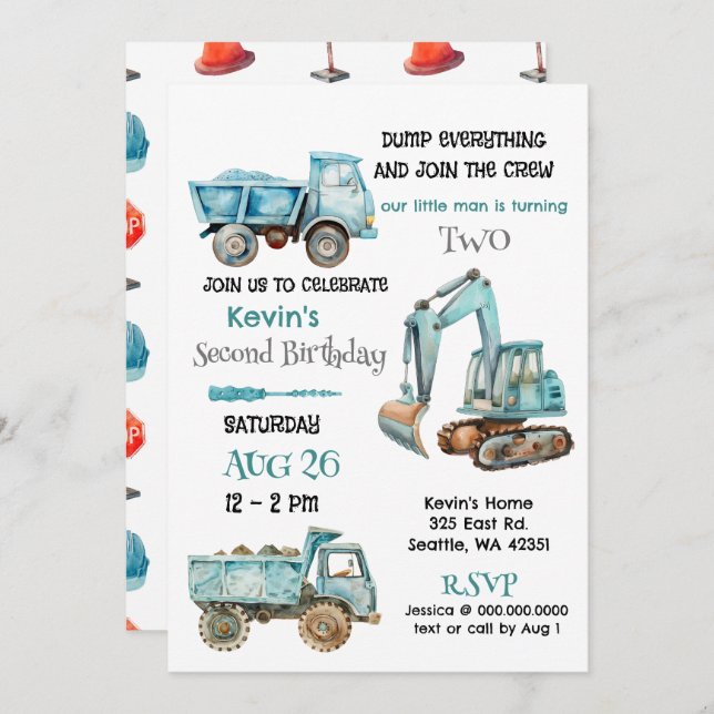 Blue Construction Trucks Boy Birthday Party Invitation (Front/Back)