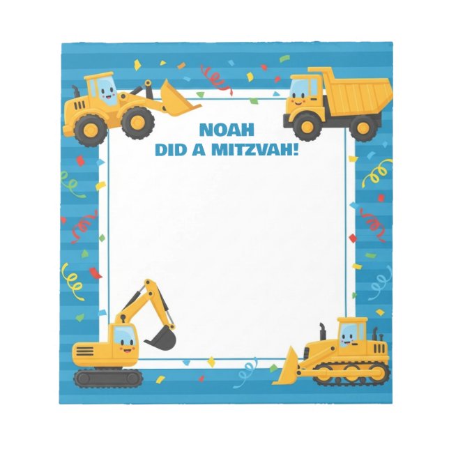 Blue Construction Trucks Personalised Mitzvah  Notepad (Front)