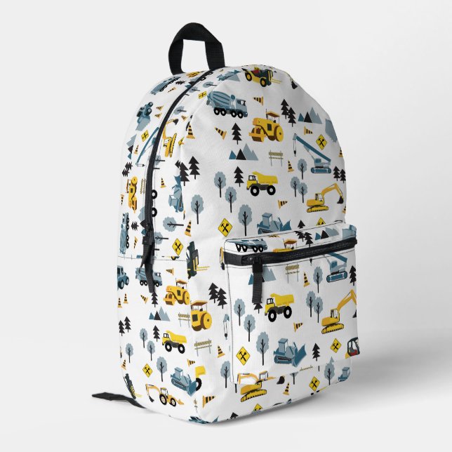Blue Construction Trucks & Site Theme Boys Printed Backpack (Back Corner Left)