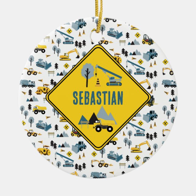 Blue Construction Trucks & Site Theme Pattern  Ceramic Tree Decoration (Front)
