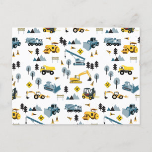 Blue Construction Trucks & Site Theme Pattern Holiday Postcard