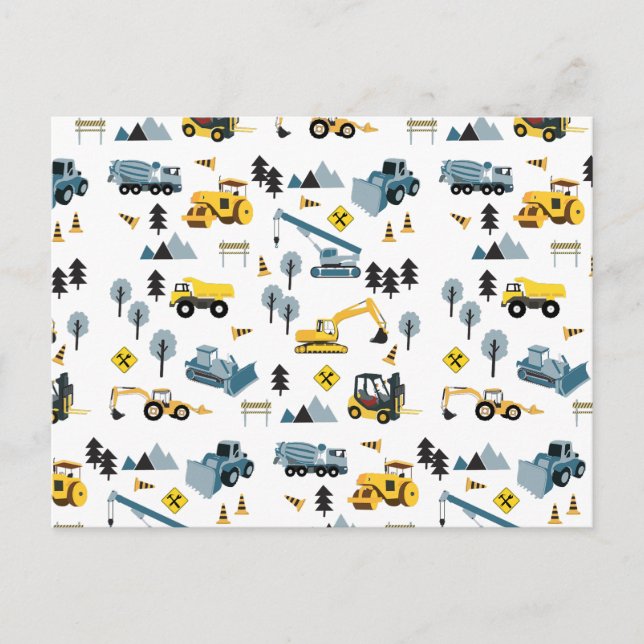 Blue Construction Trucks & Site Theme Pattern  Holiday Postcard (Front)