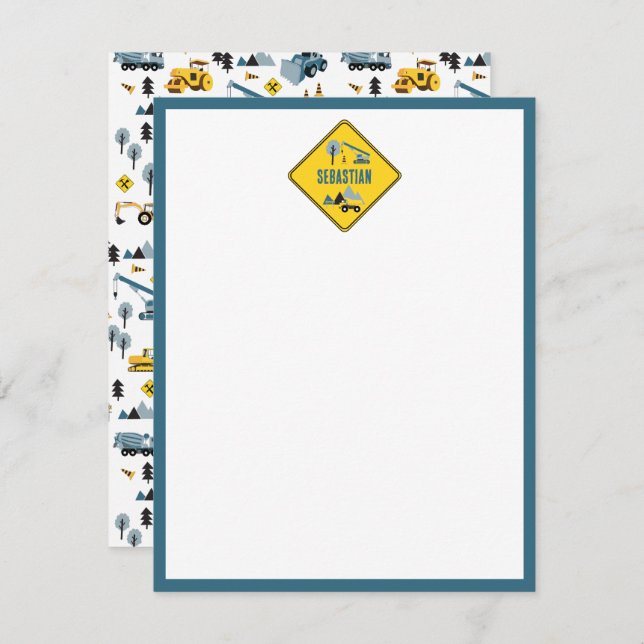 Blue Construction Trucks & Site Theme Pattern Kids Card (Front/Back)