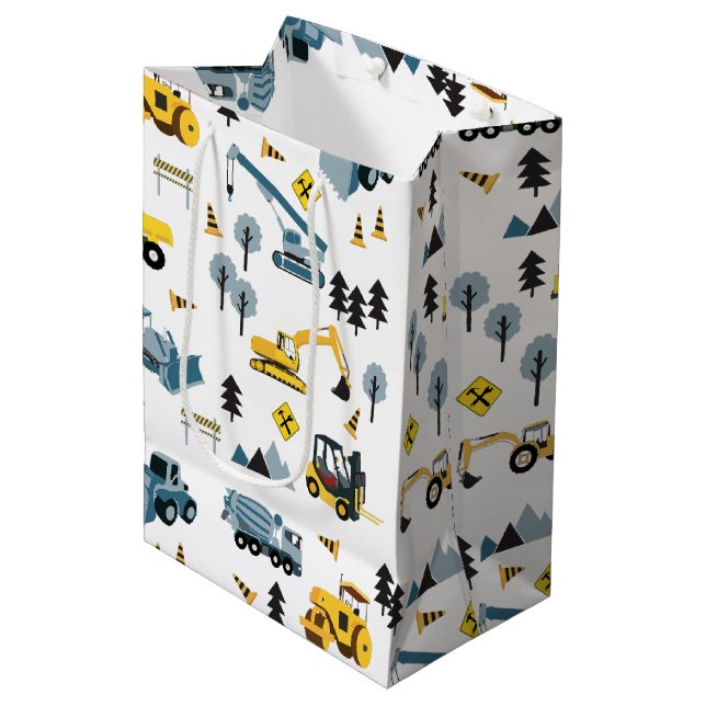 Blue Construction Trucks & Site Theme Pattern Medium Gift Bag (Front Angled)