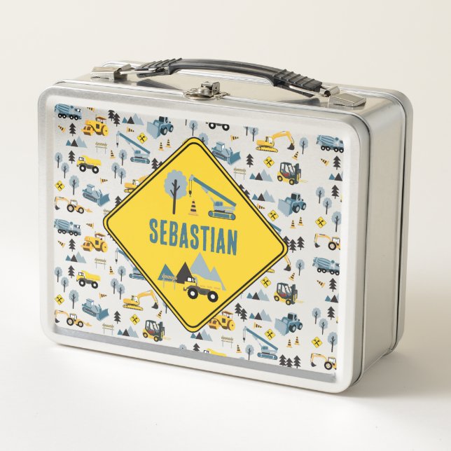 Blue Construction Trucks & Site Theme Pattern Metal Lunch Box (Front)