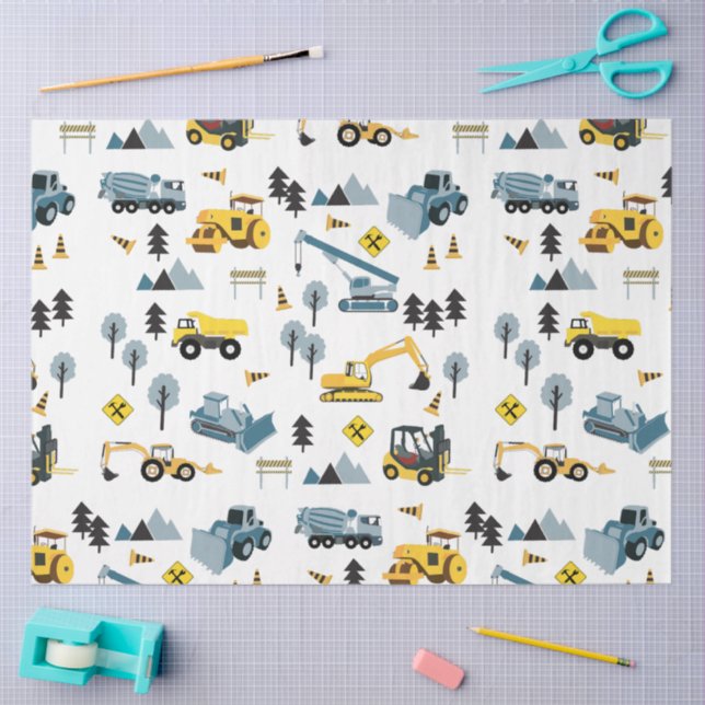 Blue Construction Trucks & Site Theme Pattern   Tissue Paper (Craft)