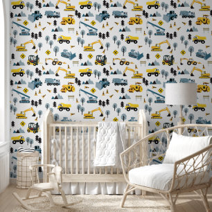 Blue Construction Trucks & Site Theme Pattern Wallpaper