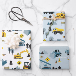 Blue Construction Trucks & Site Theme Pattern  Wrapping Paper Sheet