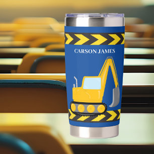 Blue Construction Vehicle Personalised Kids Insulated Tumbler