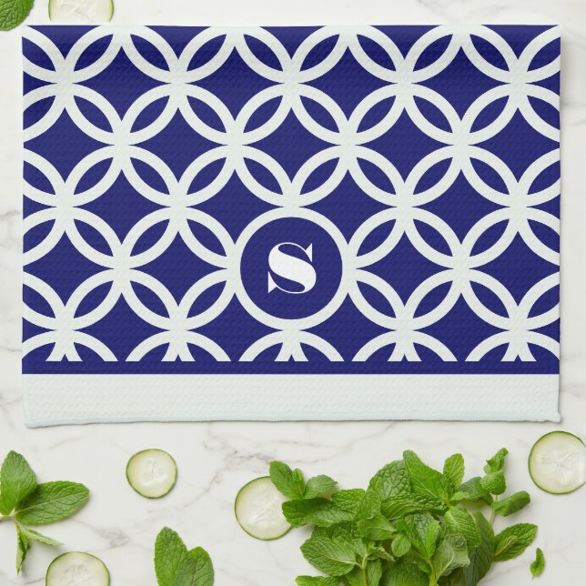 Blue Contemporary Geometric Pattern Monogram  Tea Towel (Folded)