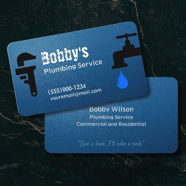Blue Contractor Plumbing Service Chrome Design Business Card (Creator Uploaded)