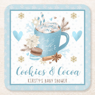Blue Cookies and Cocoa Baby Shower Square Paper Coaster