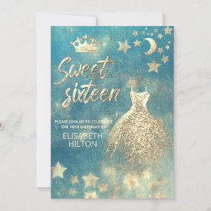 Blue cool celestial moon and stars  sweet sixteen invitation