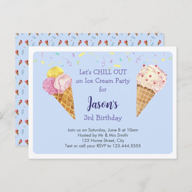 Blue Cool Ice Cream Kids Birthday Party Invitation Postcard (Front/Back)