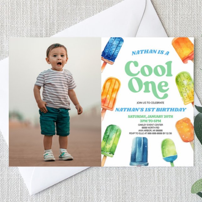 Blue Cool One Popsicle Picture 1st Birthday Party Invitation (Creator Uploaded)