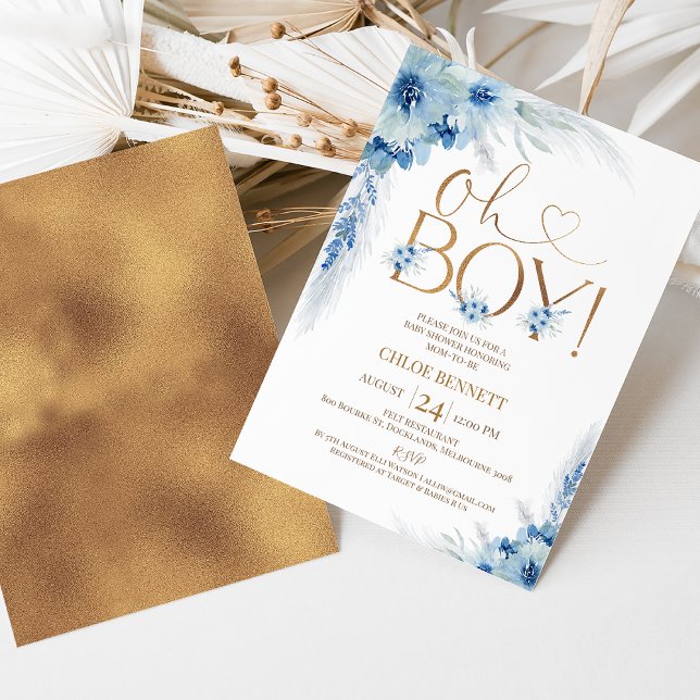 Blue Copper Boho Pampas Grass Oh Boy Baby Shower Invitation (Sweet oh boy baby shower invitation featuring some blue boho floral arrangement and faux copper foil)