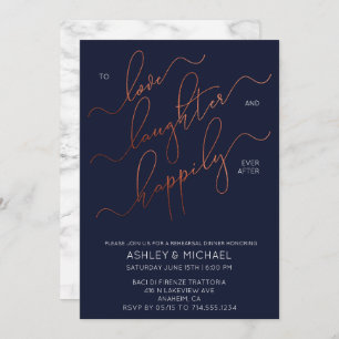 Blue Copper Script Marble Rehearsal Dinner Invite