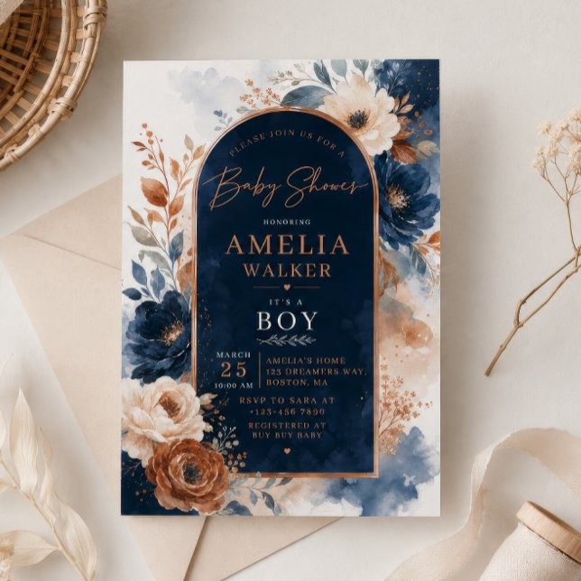 Blue & Copper Watercolor Baby Shower Invitation (Creator Uploaded)