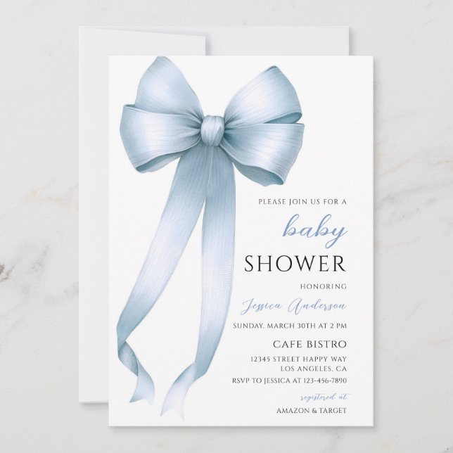 Blue Coquette Bow Baby Boy Shower Invitation (Front)