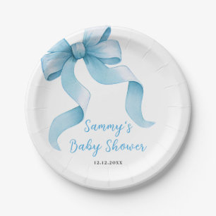 Blue Coquette Bow Baby Shower Paper Plate