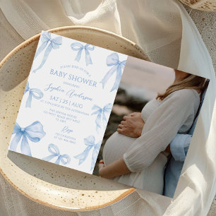 Blue Coquette Bow Baby Shower Photo Invitation