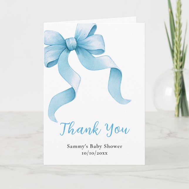 Blue Coquette Bow Baby Shower Thank You Card (Front)
