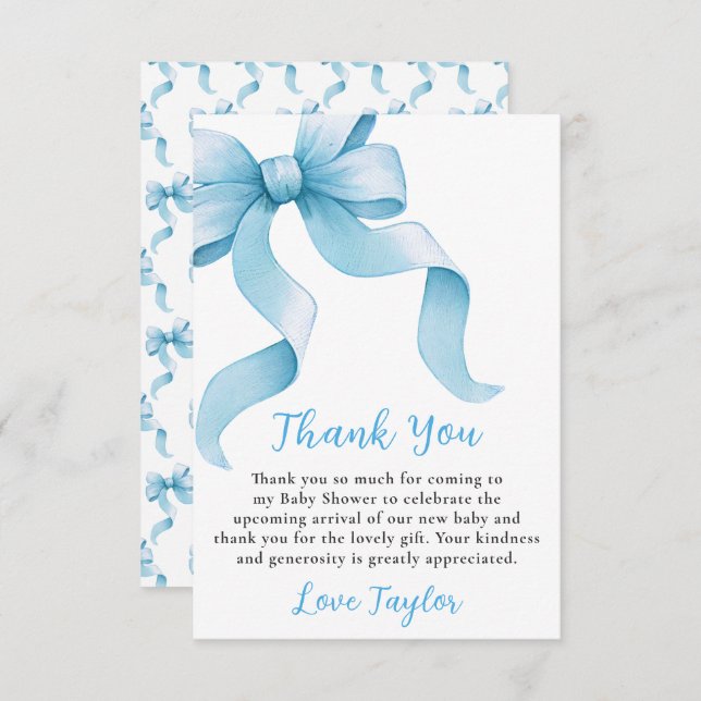 Blue Coquette Bow Baby Shower Thank You Card (Front/Back)