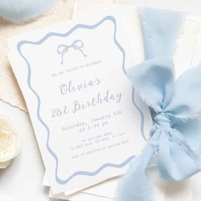 Blue Coquette Bow Birthday Party Adult Invitation (Creator Uploaded)