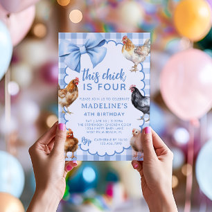 Blue Coquette Bow Boho Girl Chicken Birthday Party Invitation