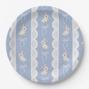 Blue Coquette Bow Bunny Lace Pattern Paper Plate
