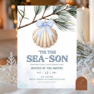 Blue Coquette Bow Coastal Christmas Invitation