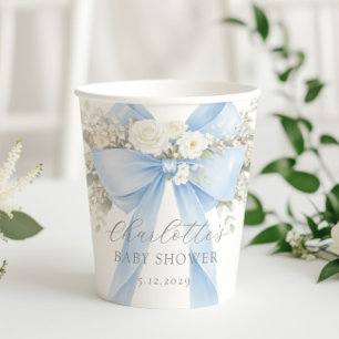 Blue Coquette Bow Floral Baby Boy Shower Paper Cups