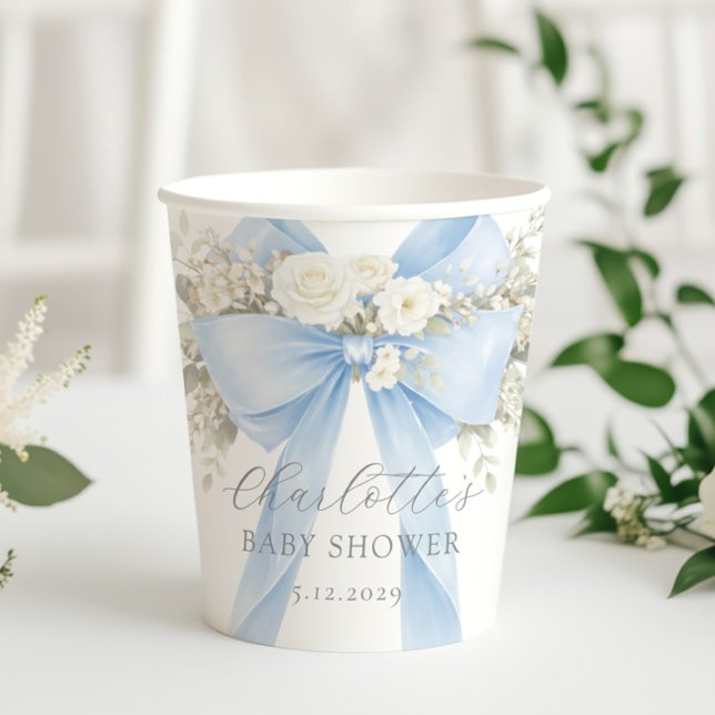 Blue Coquette Bow Floral Baby Boy Shower Paper Cups (Creator Uploaded)