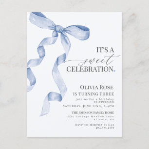 Blue Coquette Bow Girl Birthday Party Invitation Postcard