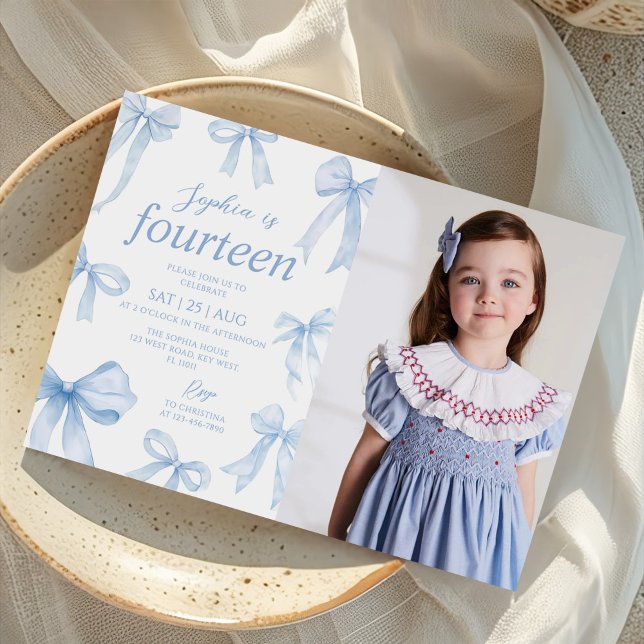 Blue Coquette Bow Girl Birthday Party Photo Invitation (Creator Uploaded)
