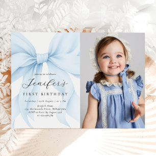 Blue Coquette Bow Girl Birthday Party Photo Invitation