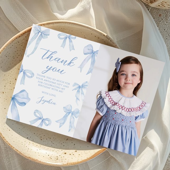 Blue Coquette Bow Girl Birthday Party Photo Thank You Card (Creator Uploaded)