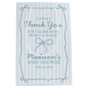Blue Coquette Bow Pastel Striped Baby Shower Favor Medium Gift Bag