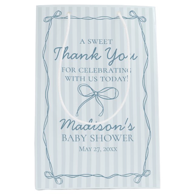 Blue Coquette Bow Pastel Striped Baby Shower Favou Medium Gift Bag (Front)