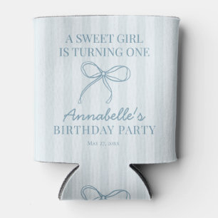 Blue Coquette Bow Pastel Striped Birthday Favor Can Cooler