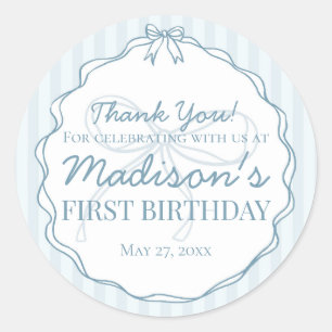Blue Coquette Bow Pastel Striped Birthday Favour Classic Round Sticker