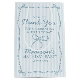 Blue Coquette Bow Pastel Striped Birthday Favour Medium Gift Bag