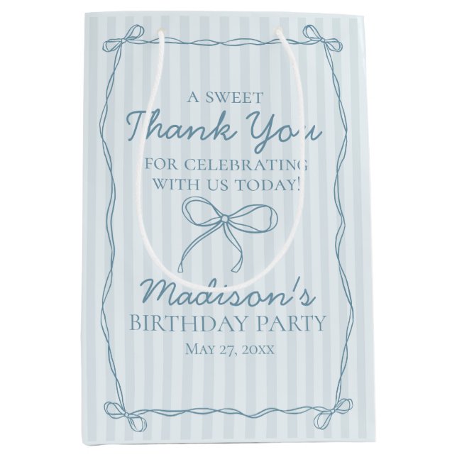 Blue Coquette Bow Pastel Striped Birthday Favour Medium Gift Bag (Front)